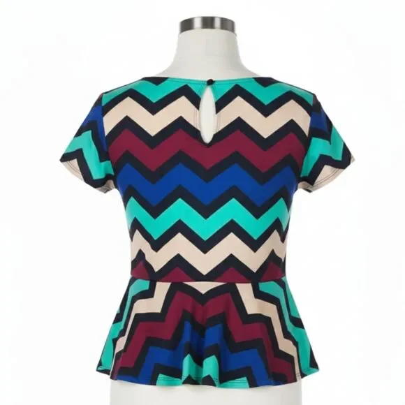 NWT Charlotte Russe Colorful Chevron Peplum Blouse Top L - Maroon Blue Tan Black - Picture 2 of 8
